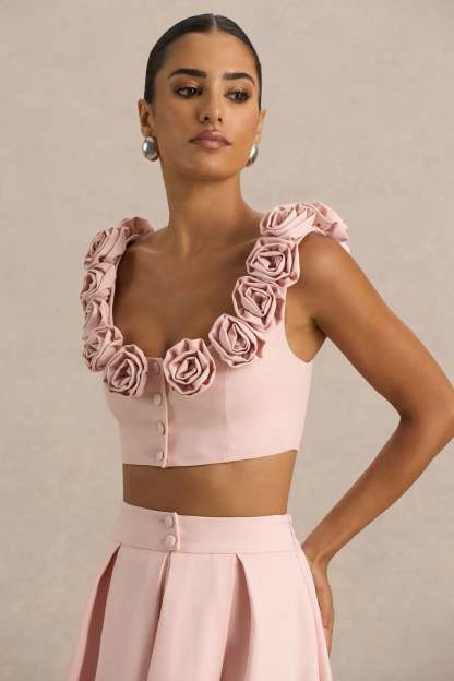 Baby Pink Scoop-Neck Crop Top With Corsage Details