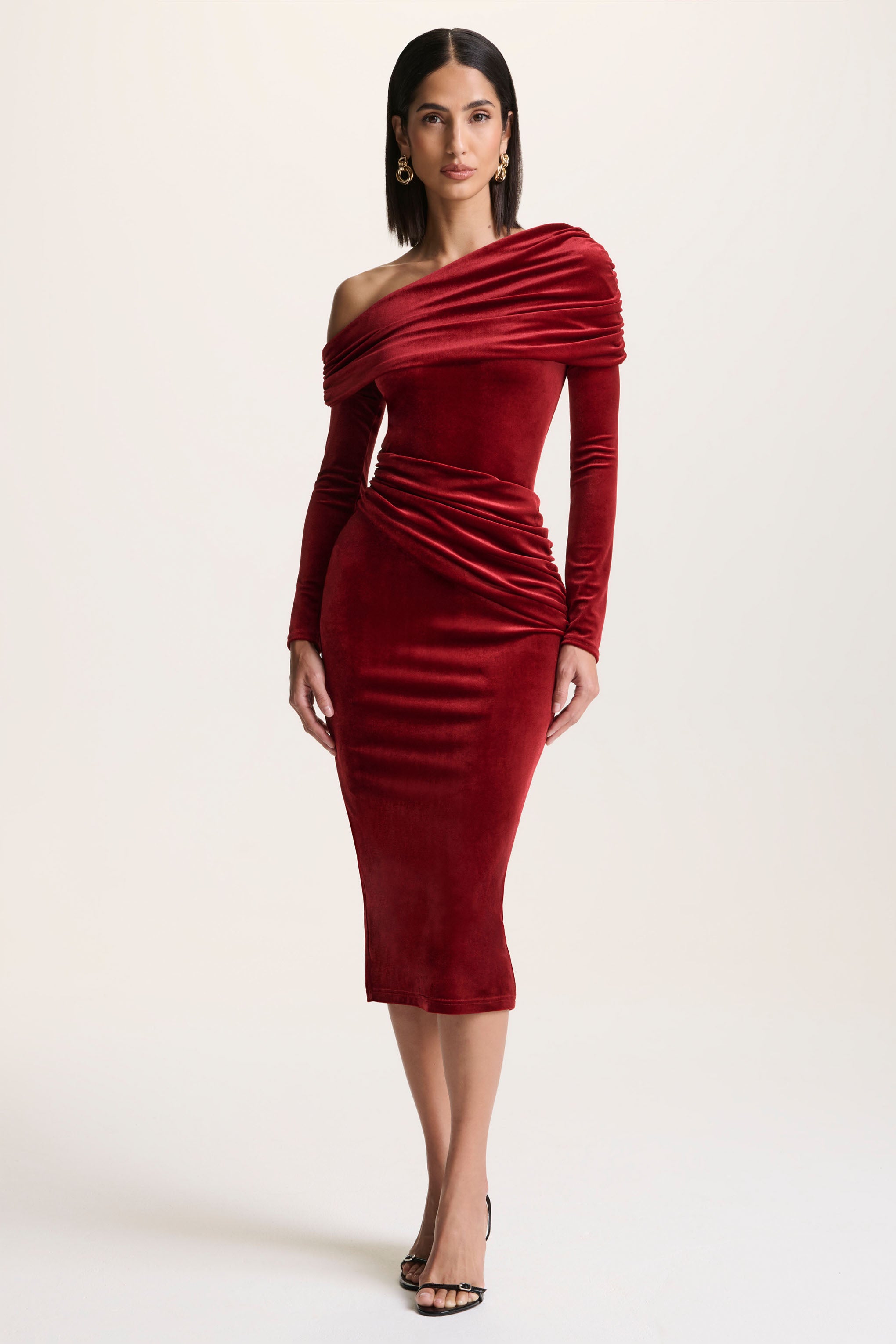 Berry Velvet Asymmetric-Neck Midi Dress