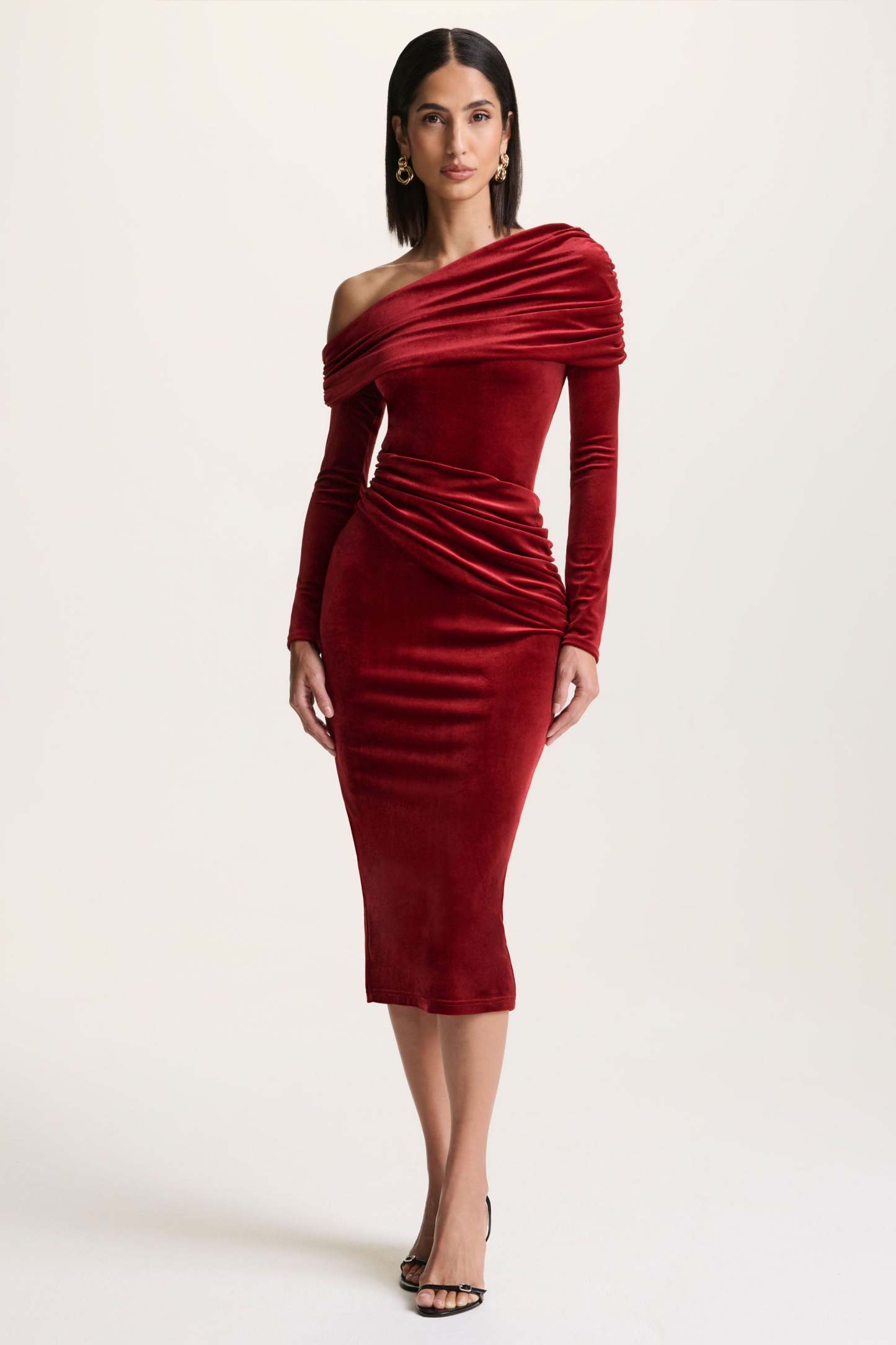 Berry Velvet Asymmetric-Neck Midi Dress