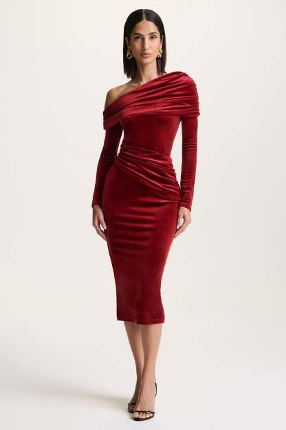 Berry Velvet Asymmetric-Neck Midi Dress
