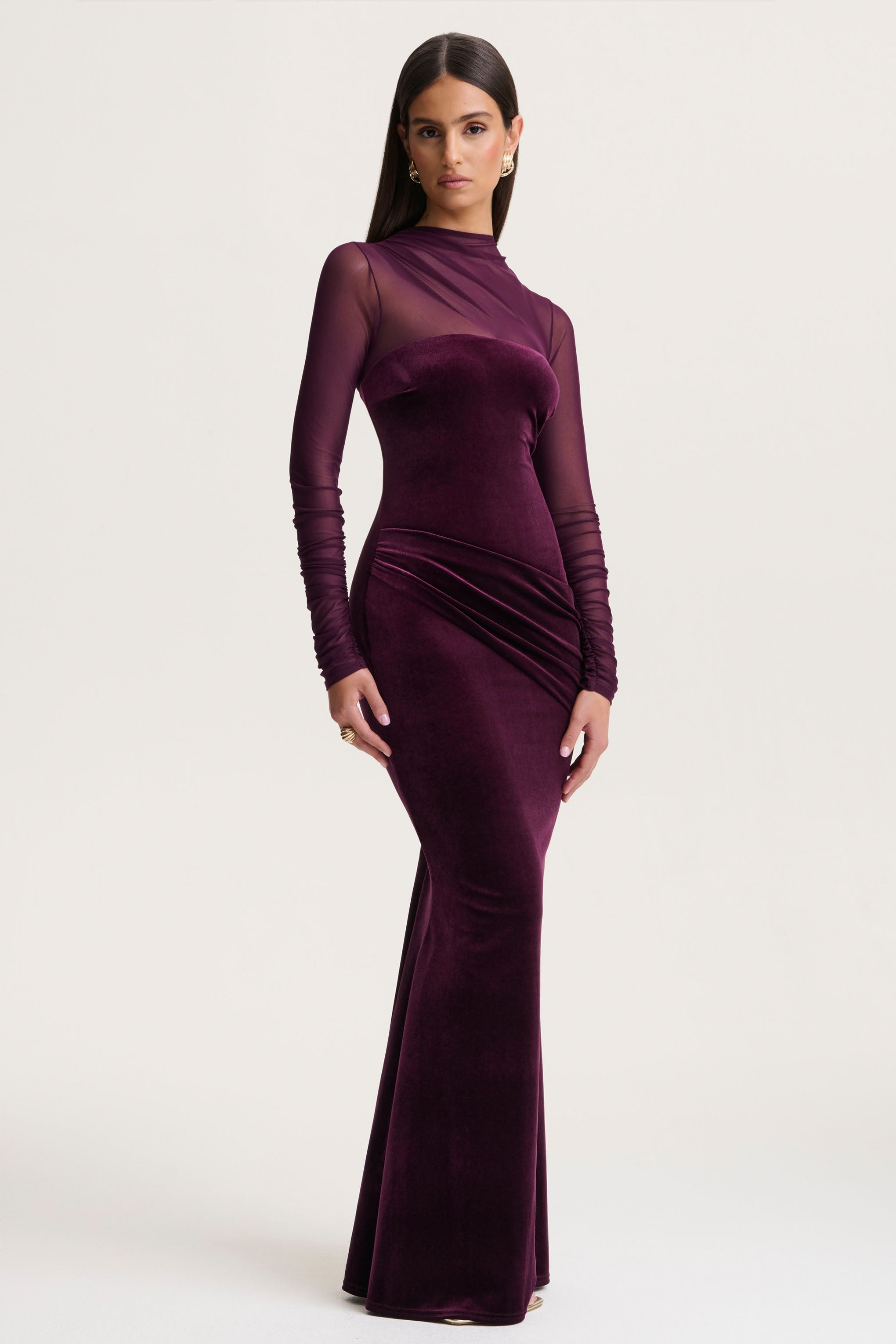 Plum Velvet High-Neck Maxi Dress With Draped-Detailing