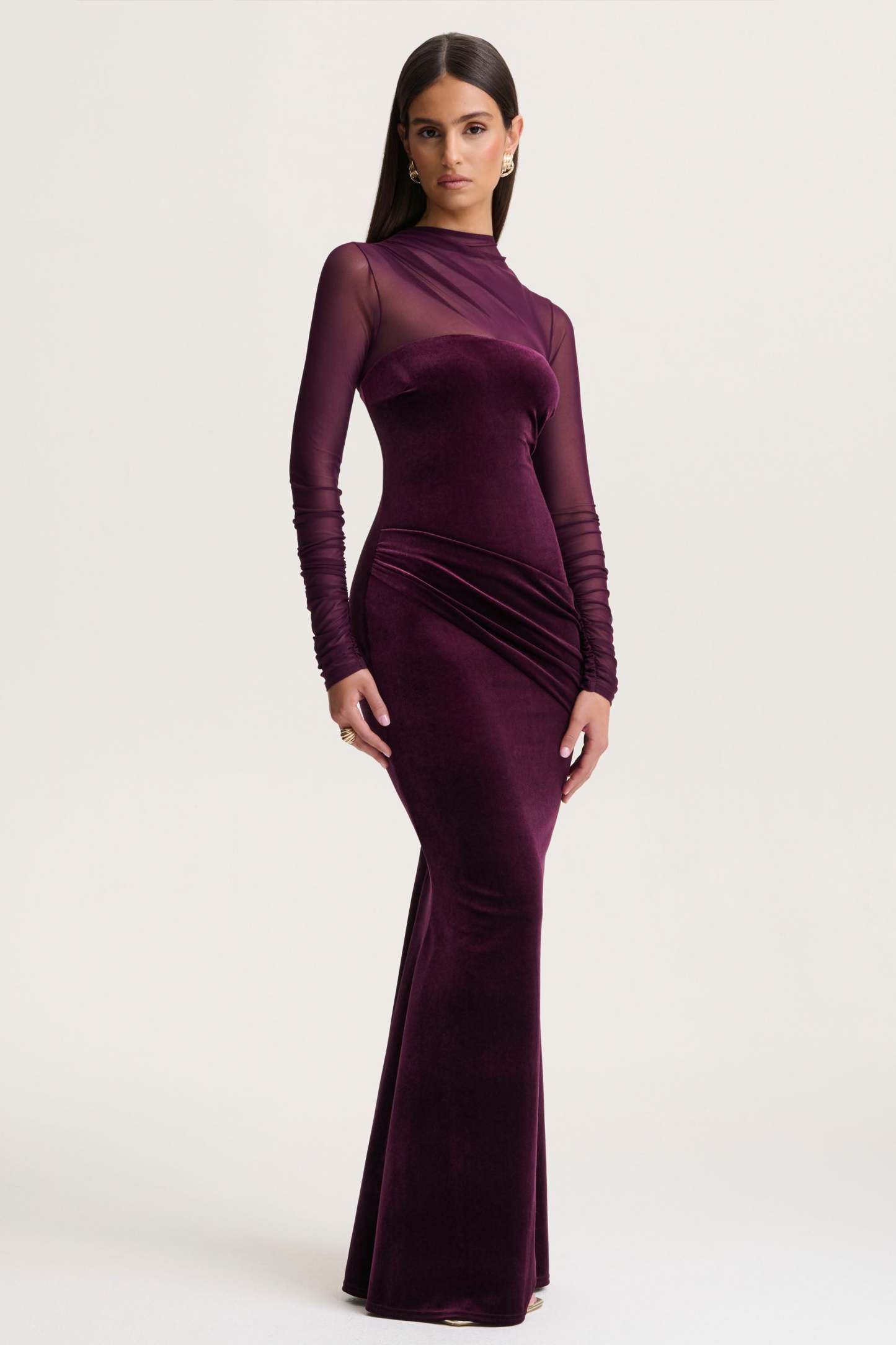 Plum Velvet High-Neck Maxi Dress With Draped-Detailing