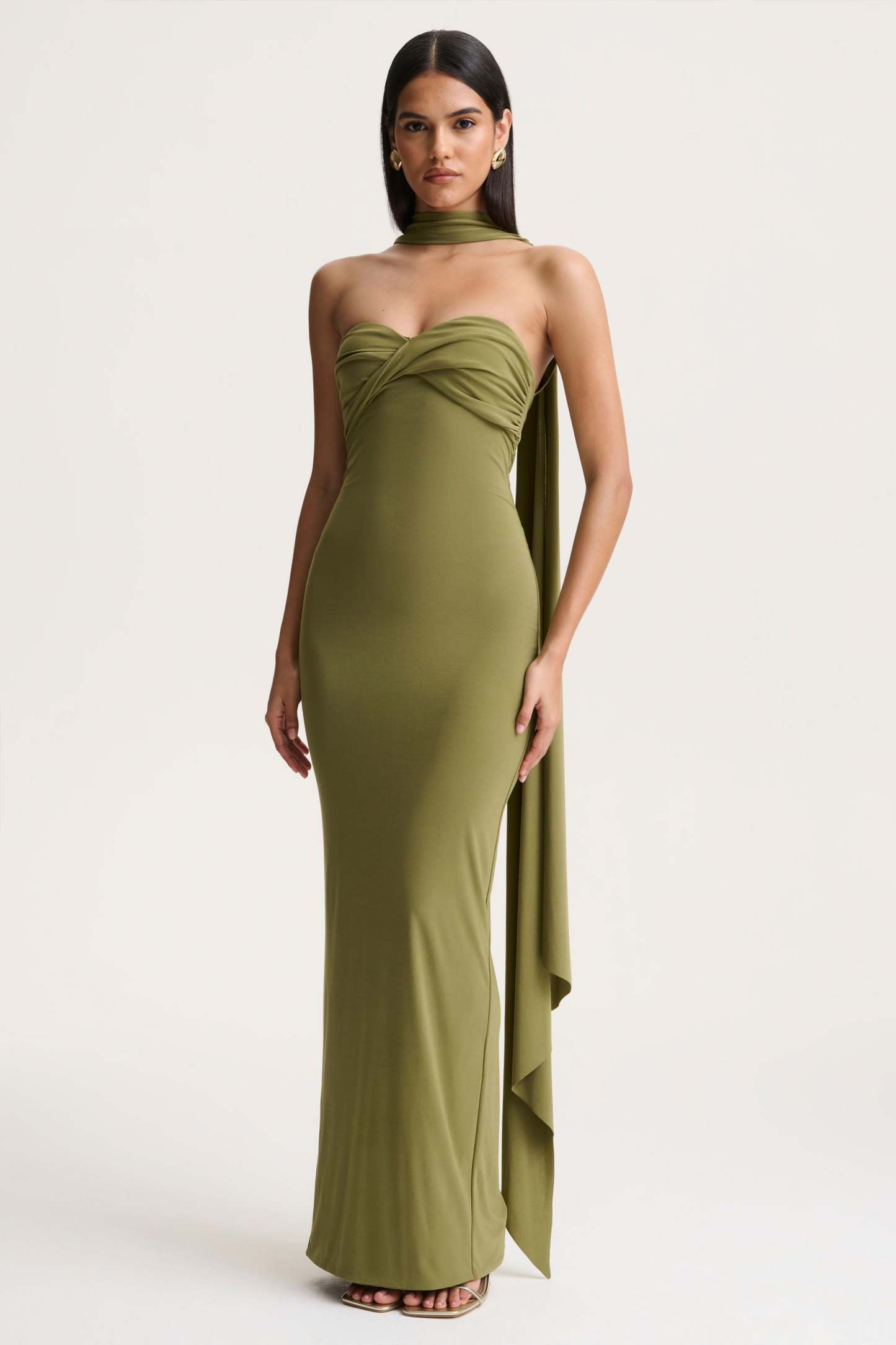 Olive Bandeau Maxi Dress With Scarf Detail
