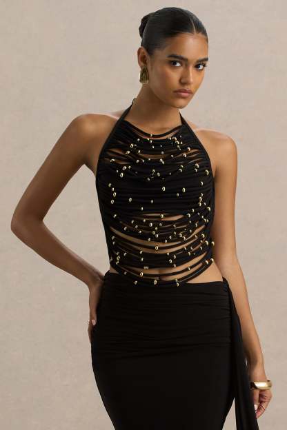 Black High-Neck Embellished Top With Cut-Outs