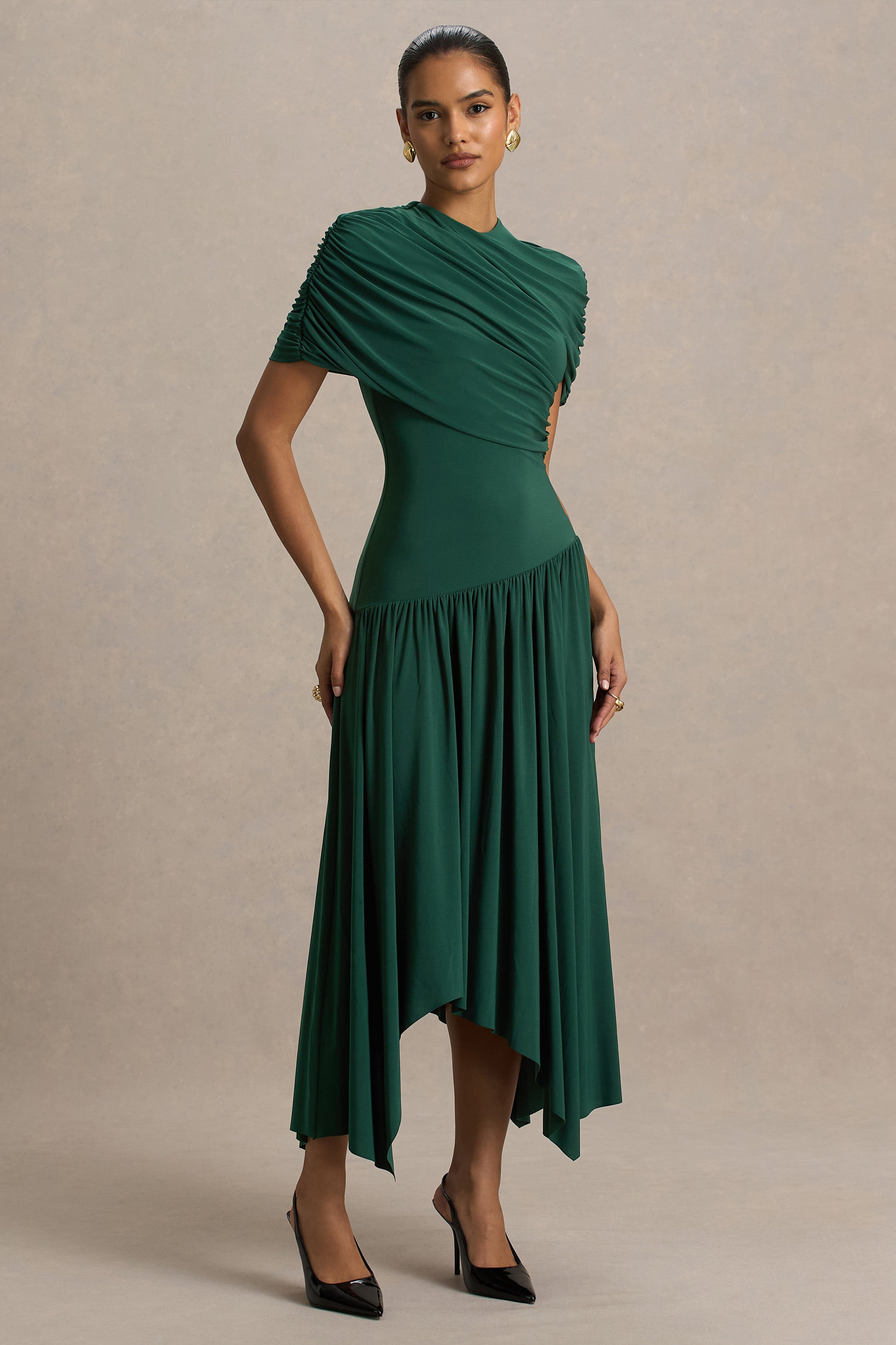 Teal Wrapped Midi Dress With Hanky Hem