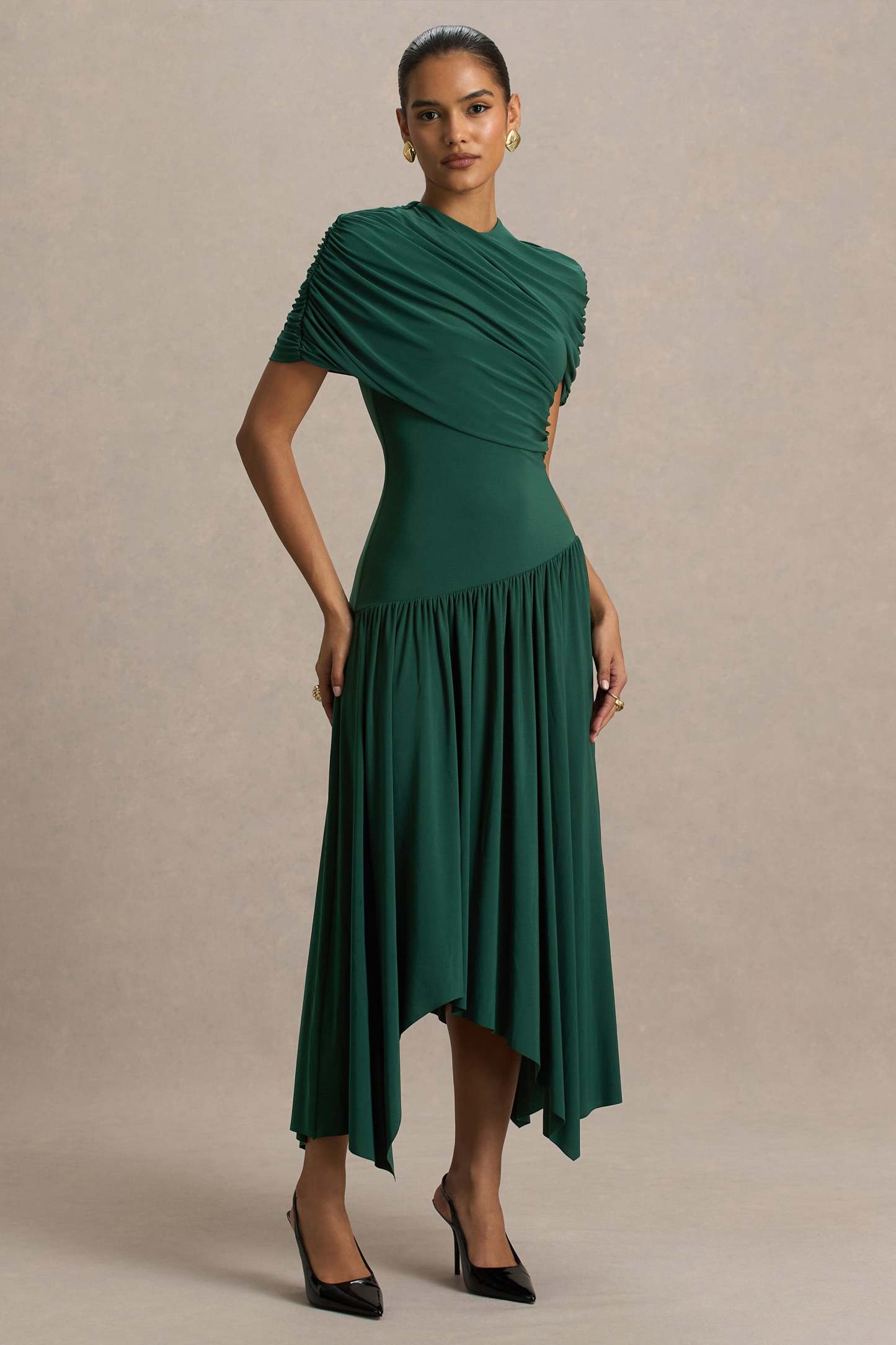 Teal Wrapped Midi Dress With Hanky Hem