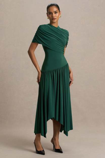 Teal Wrapped Midi Dress With Hanky Hem