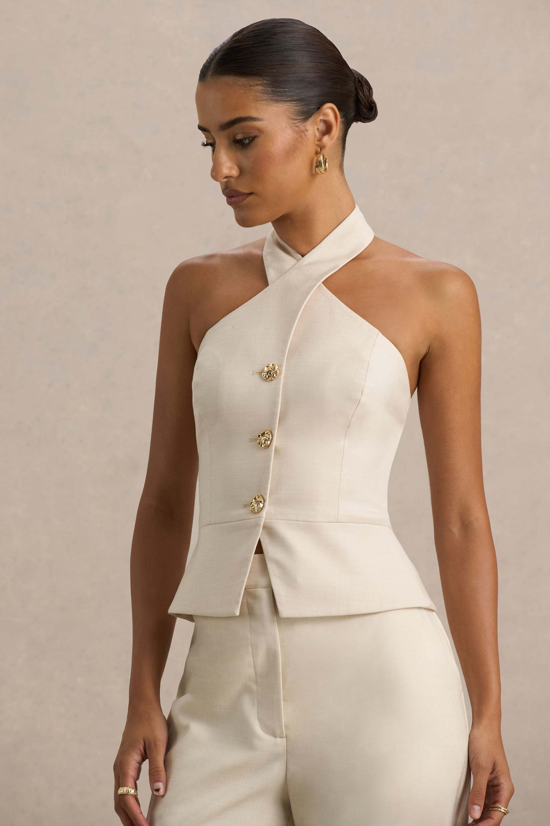 Nude Halter-Neck Tailored Top