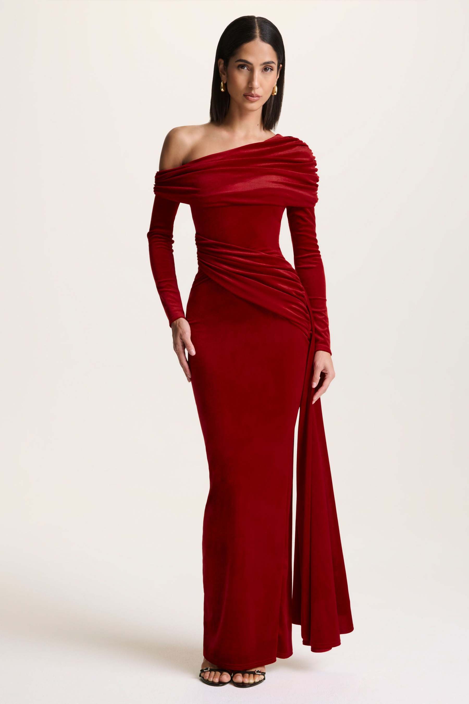 Red Velvet Asymmetric-Neck Maxi Dress With Sash-Detail