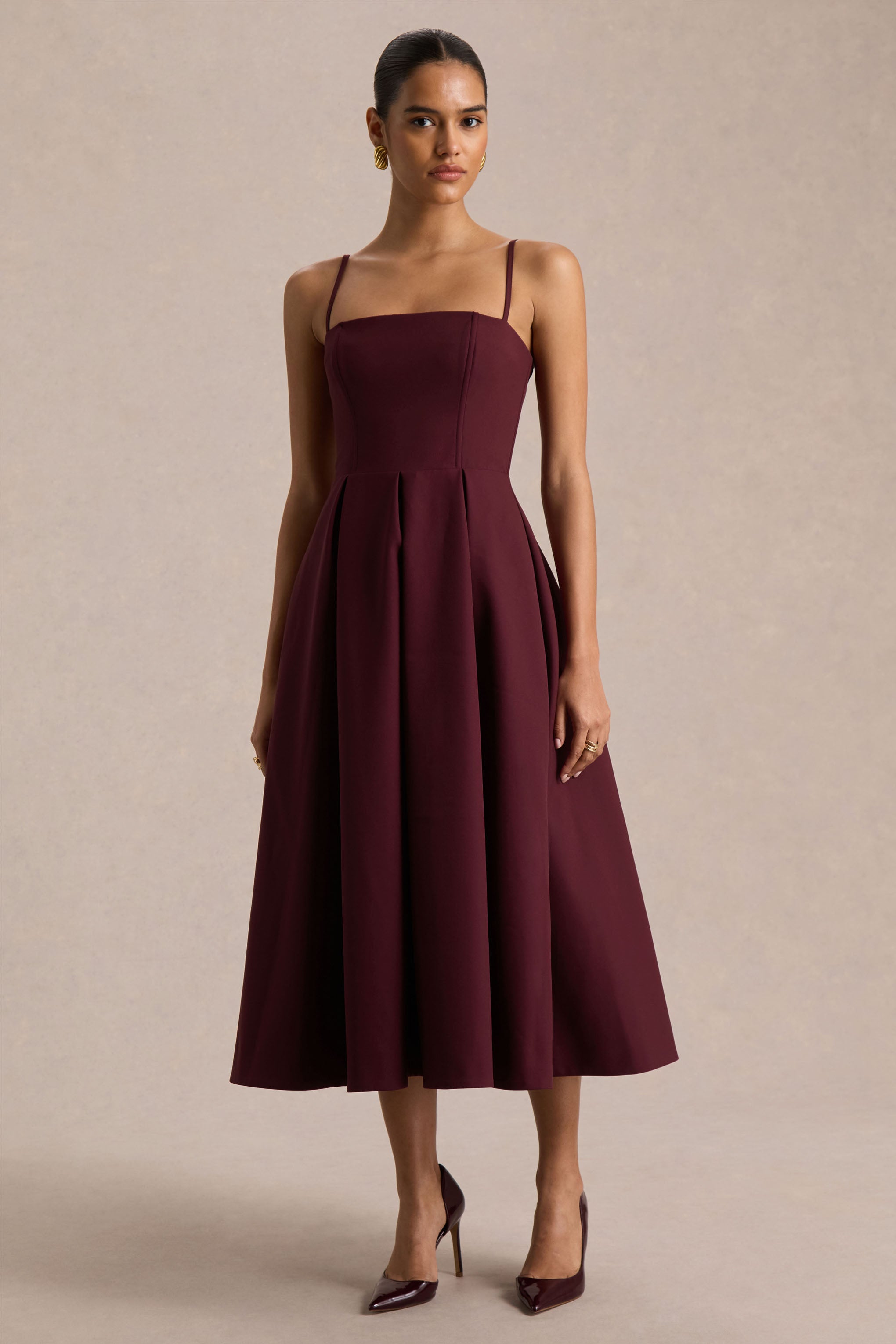 Burgundy High-Neck Midi Dress