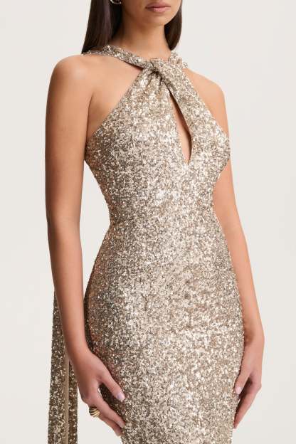 Gold Sequin Halter-Neck Maxi Dress