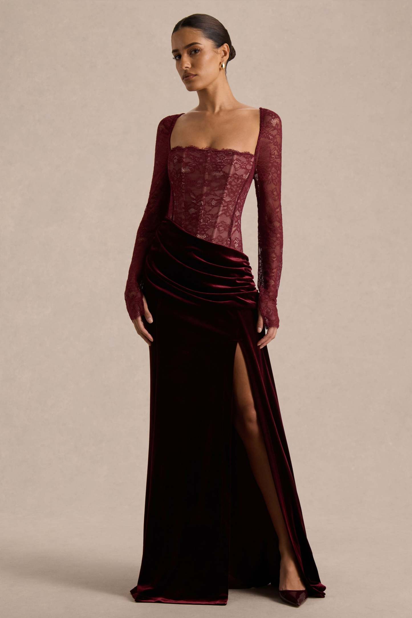 Burgundy Lace And Velvet Square-Neck Maxi Dress With Draped Skirt