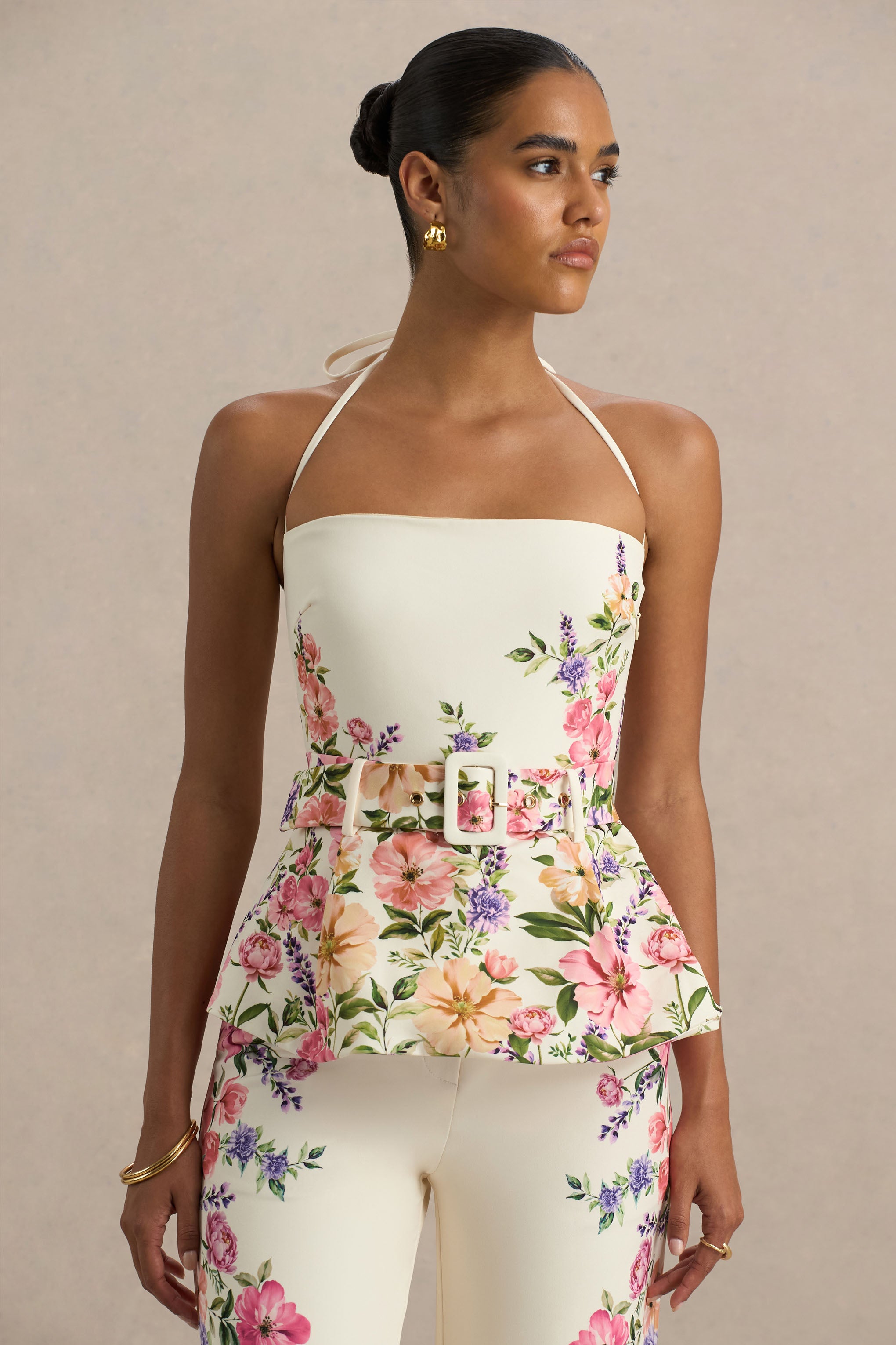 White Floral Border Print Square-Neck Tailored Top