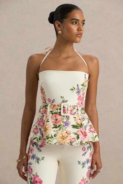 White Floral Border Print Square-Neck Tailored Top