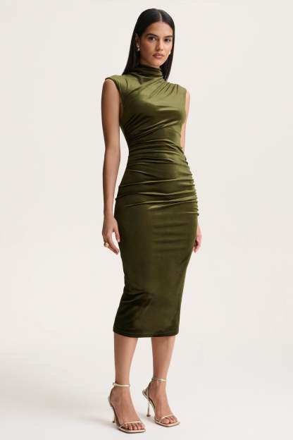 Olive Velvet High-Neck Midi Dress