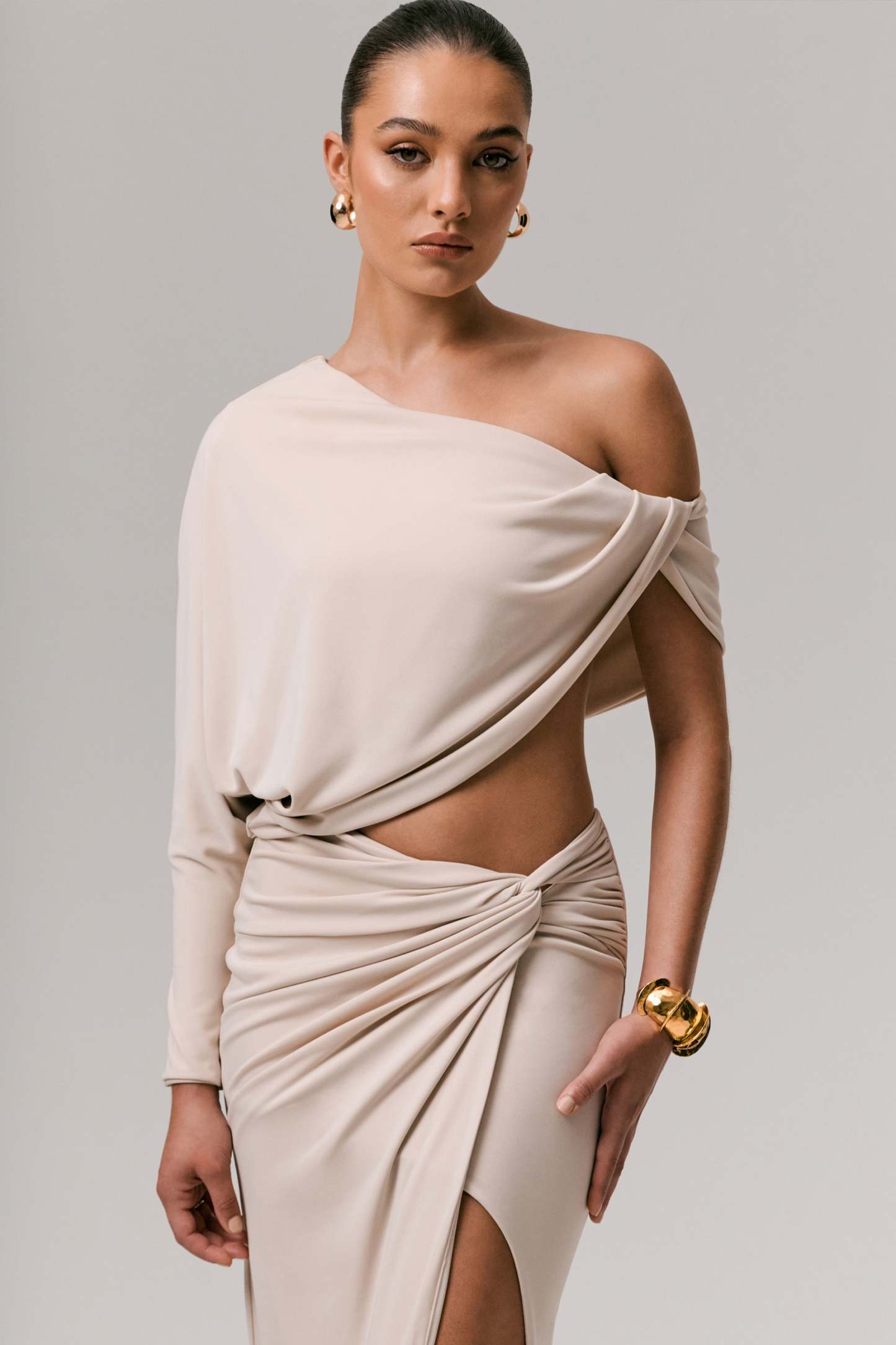 Stone Asymmetric One-Sleeve Draped Top