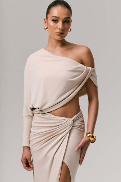 Stone Asymmetric One-Sleeve Draped Top