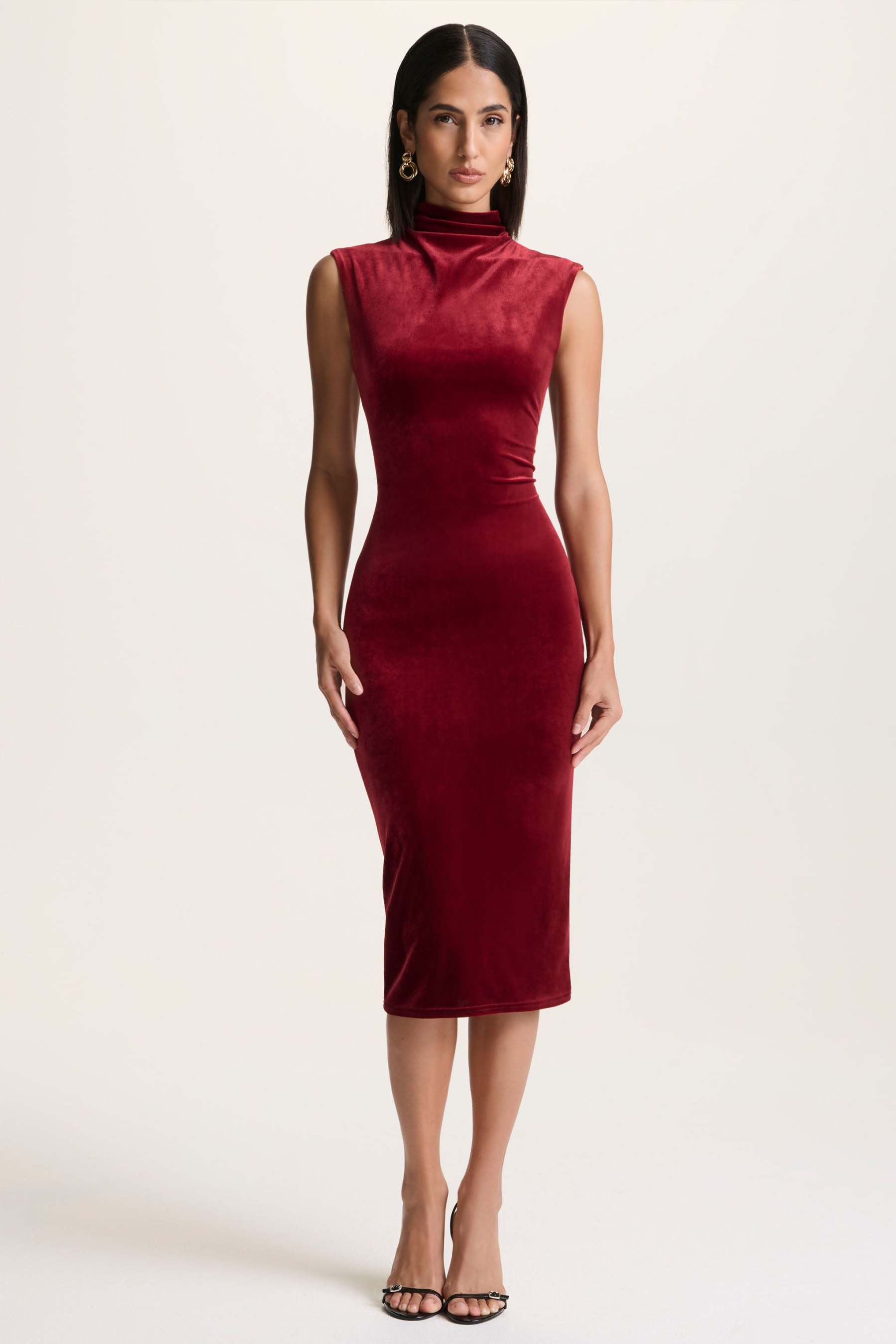 Burgundy Velvet High-Neck Midi Dress With Cap-Sleeves