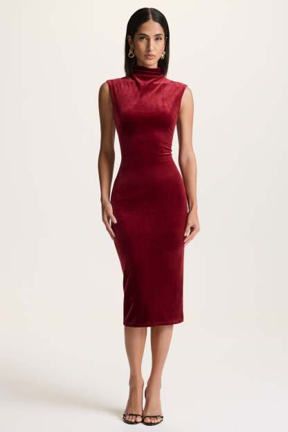 Burgundy Velvet High-Neck Midi Dress With Cap-Sleeves