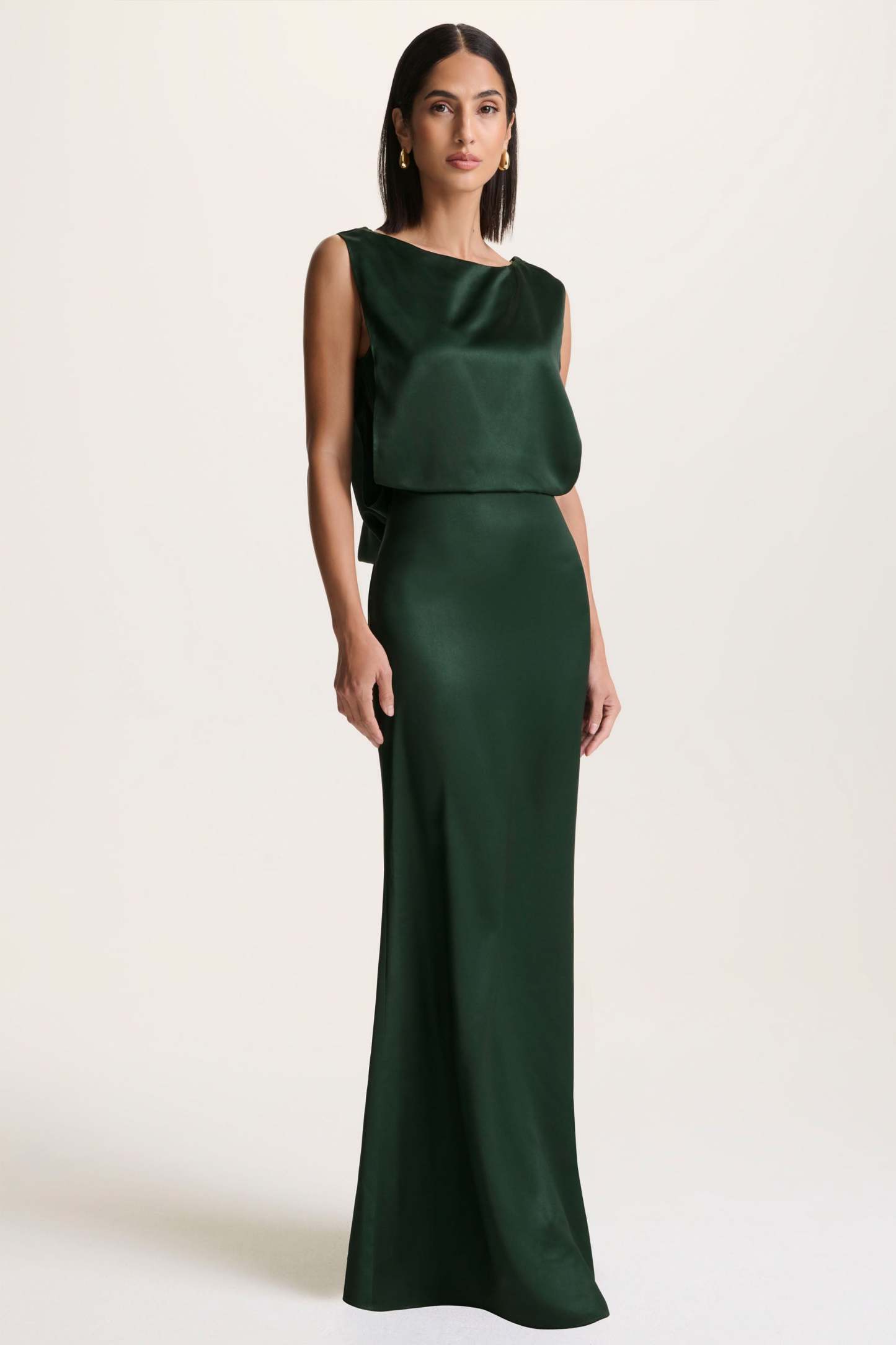 Dark Green Slashed-Neck Maxi Dress With Open-Back And Embellished Detail