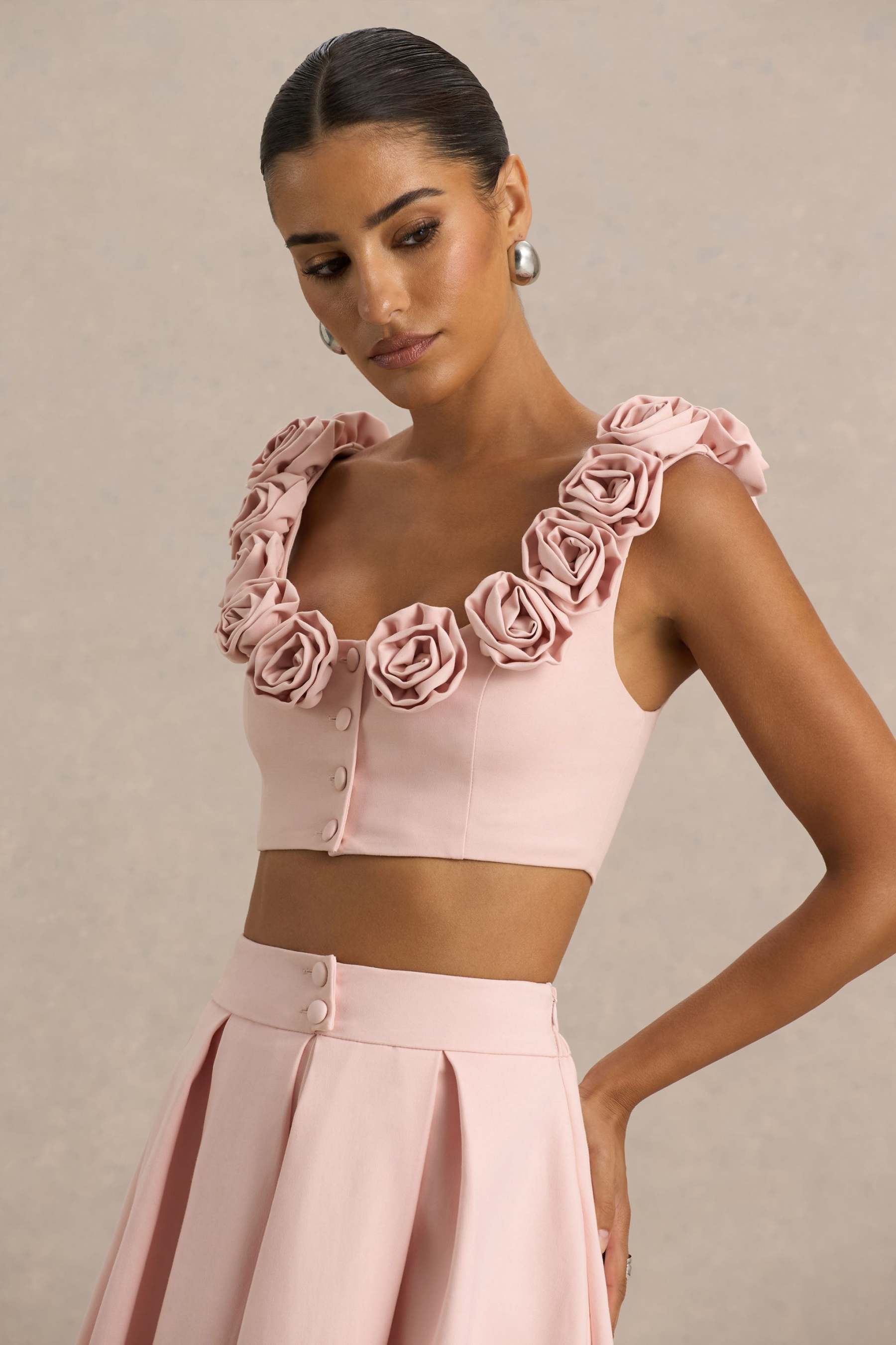 Baby Pink Scoop-Neck Crop Top With Corsage Details