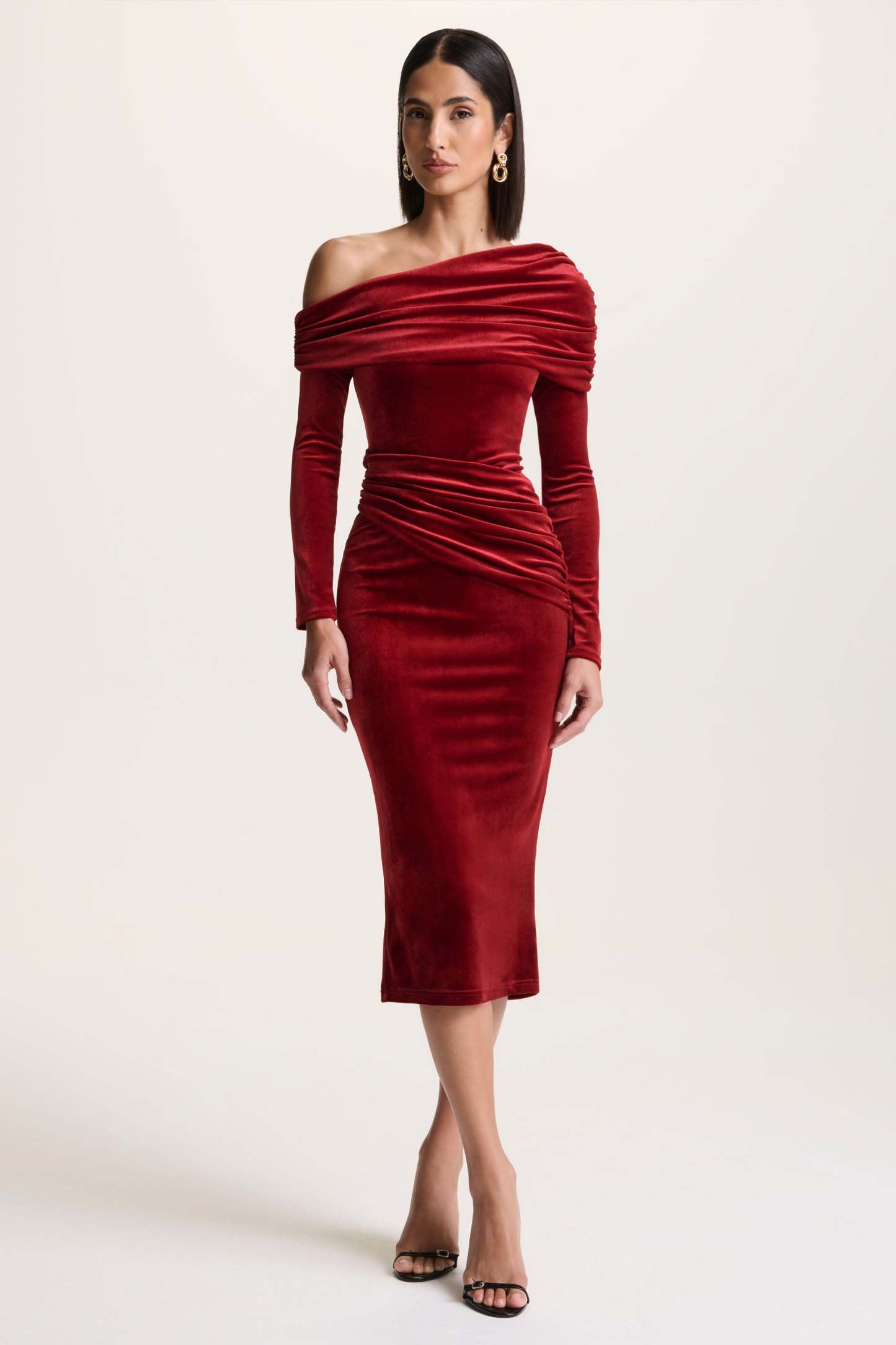Berry Velvet Asymmetric-Neck Midi Dress