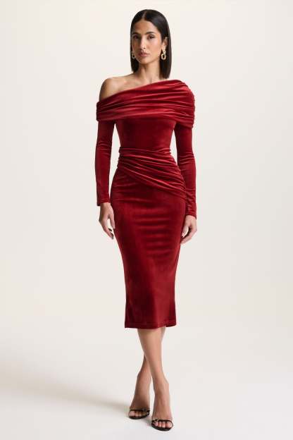 Berry Velvet Asymmetric-Neck Midi Dress