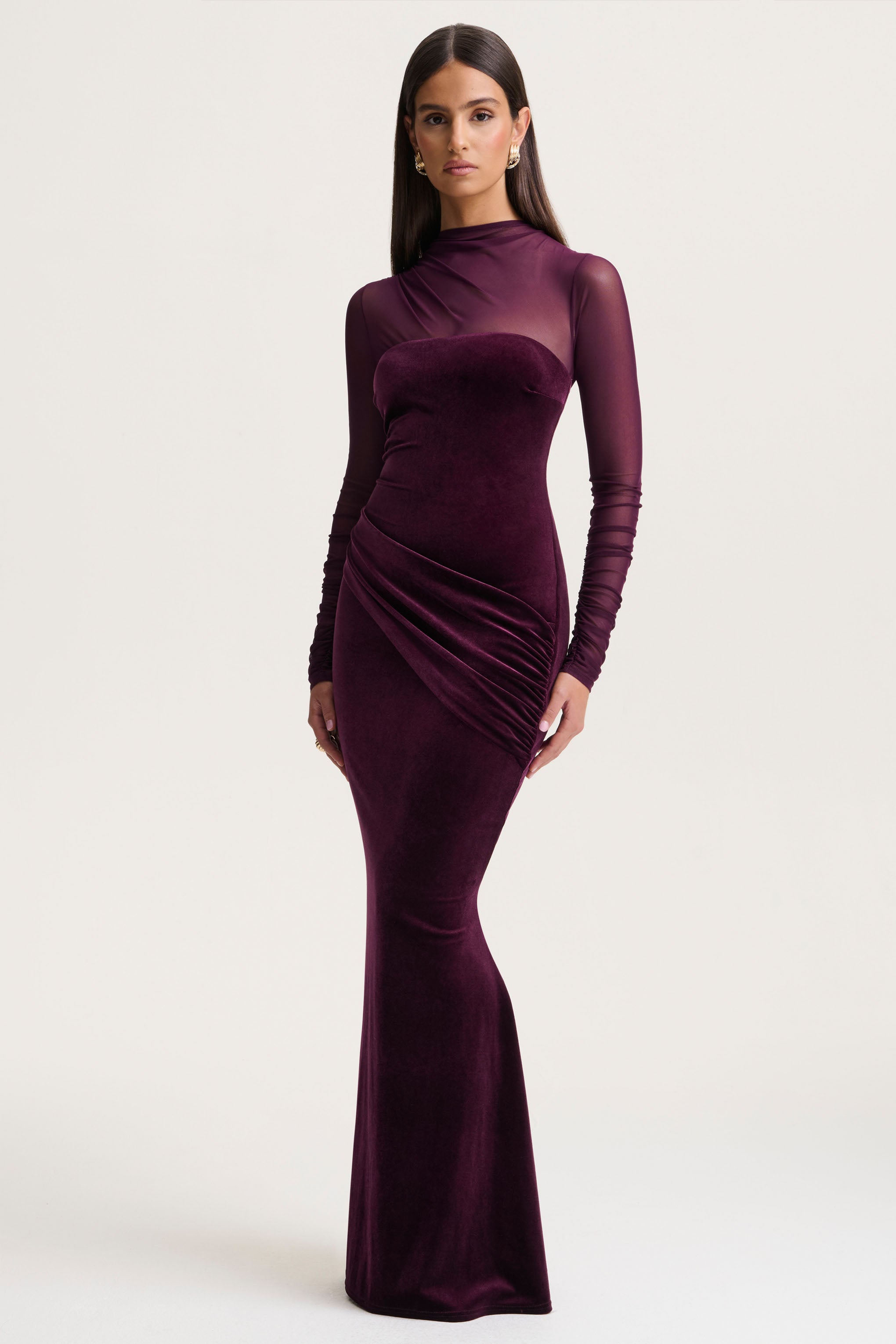 Plum Velvet High-Neck Maxi Dress With Draped-Detailing