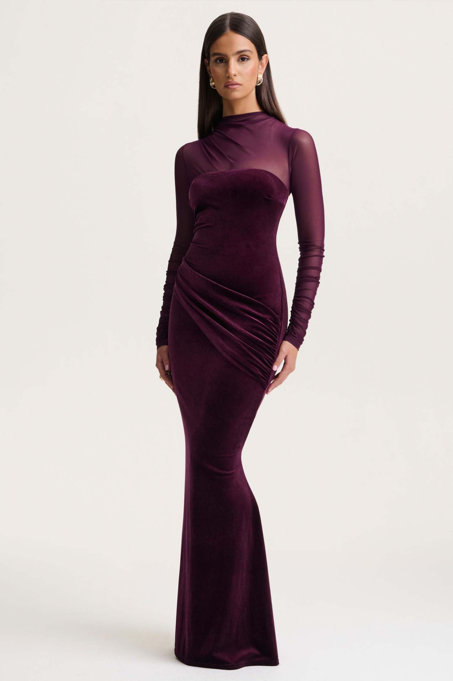 Plum Velvet High-Neck Maxi Dress With Draped-Detailing