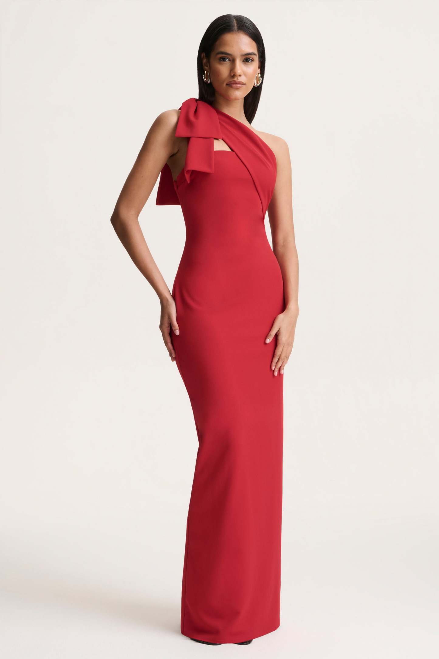 Red Asymmetric-Neck Maxi Dress With Bow-Detail