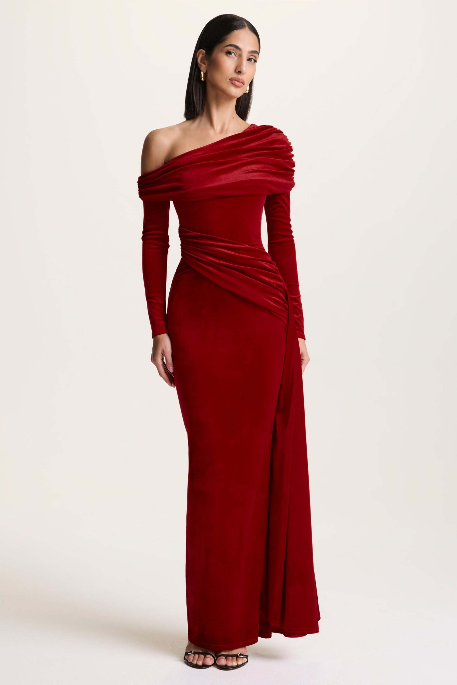 Red Velvet Asymmetric-Neck Maxi Dress With Sash-Detail