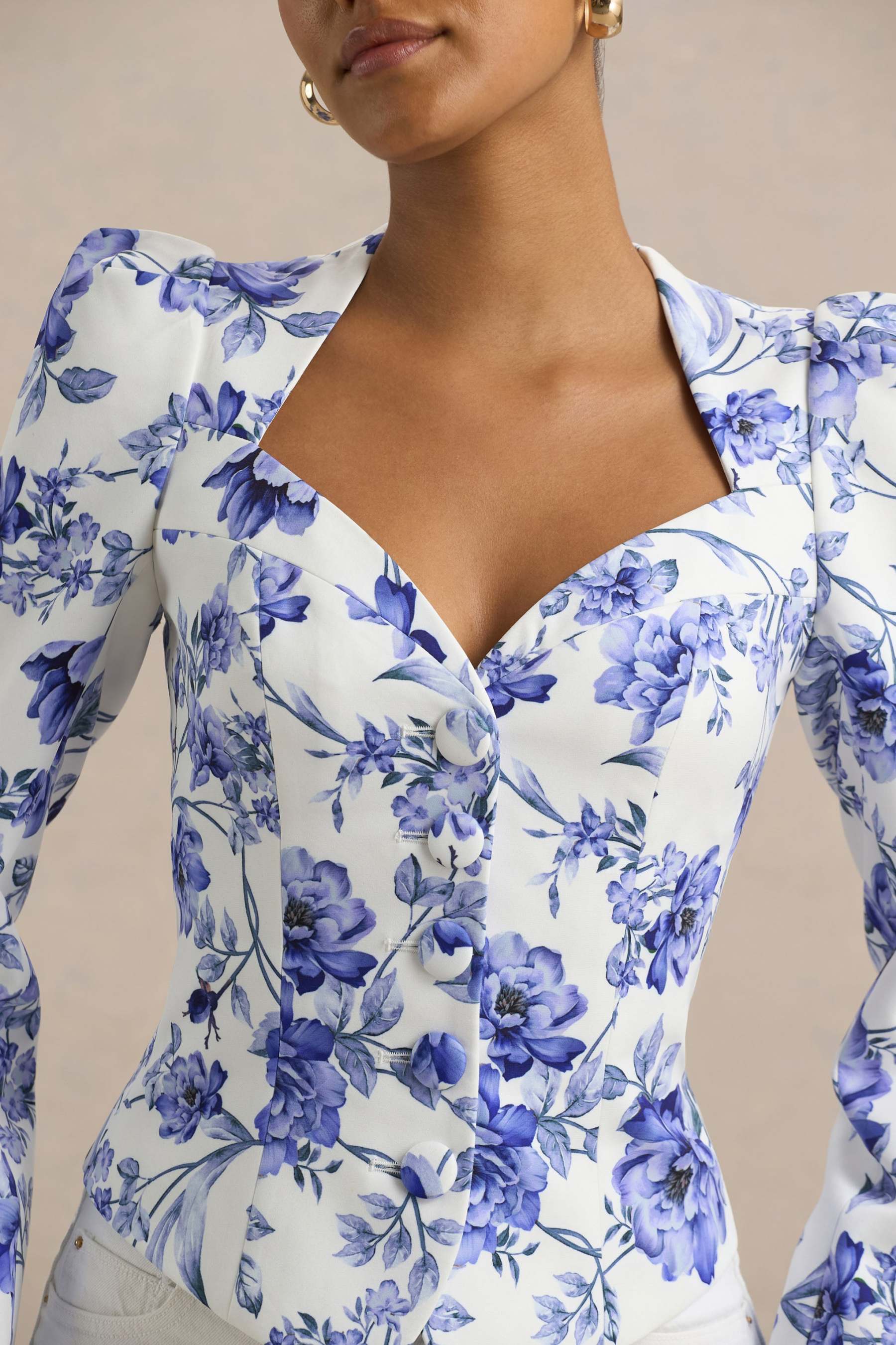 Blue Floral Print Sweetheart-Neck Tailored Top