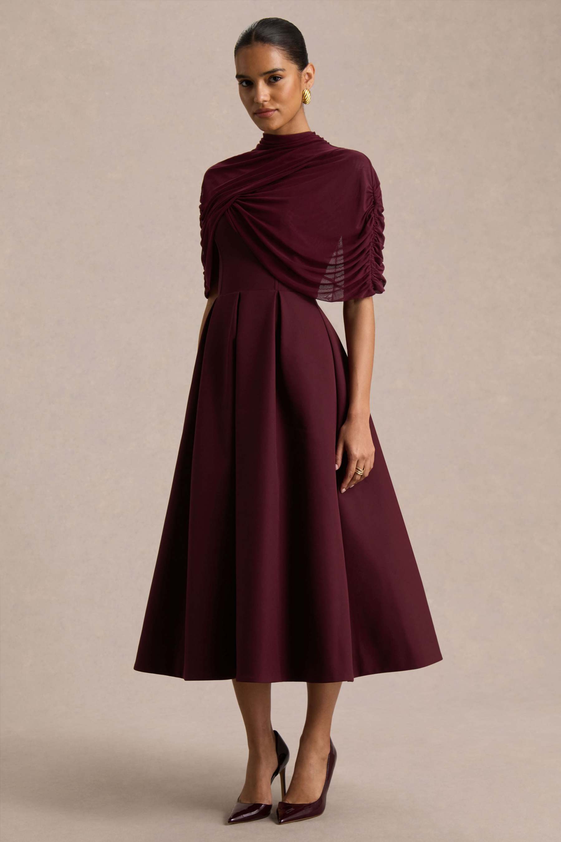 Burgundy High-Neck Midi Dress