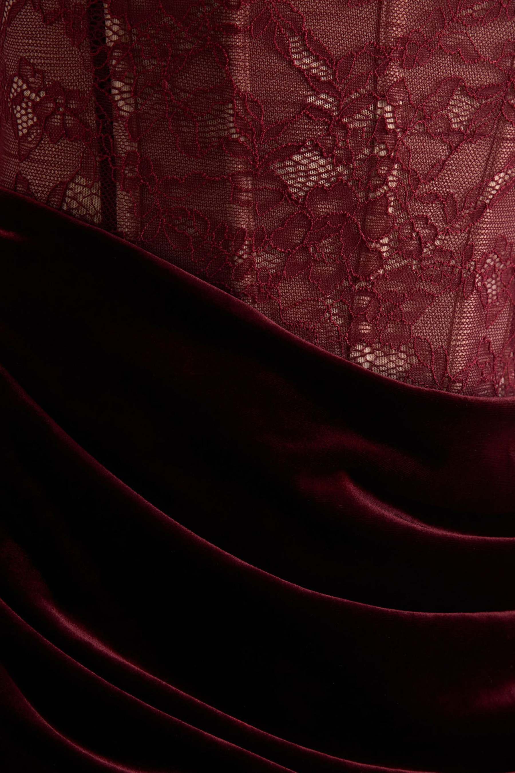 Burgundy Lace And Velvet Square-Neck Maxi Dress With Draped Skirt