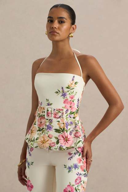 White Floral Border Print Square-Neck Tailored Top