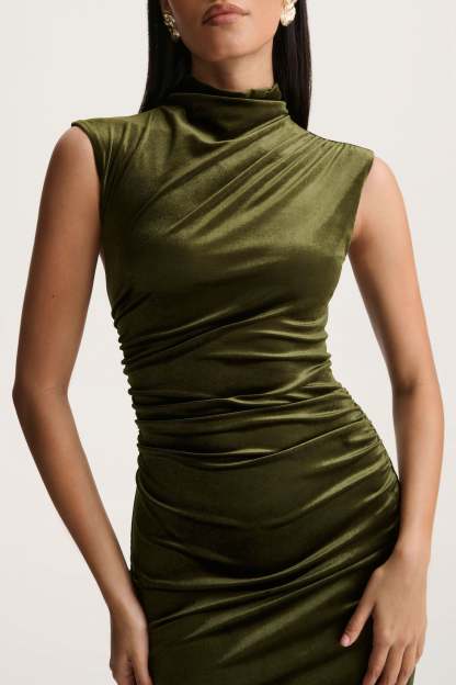 Olive Velvet High-Neck Midi Dress