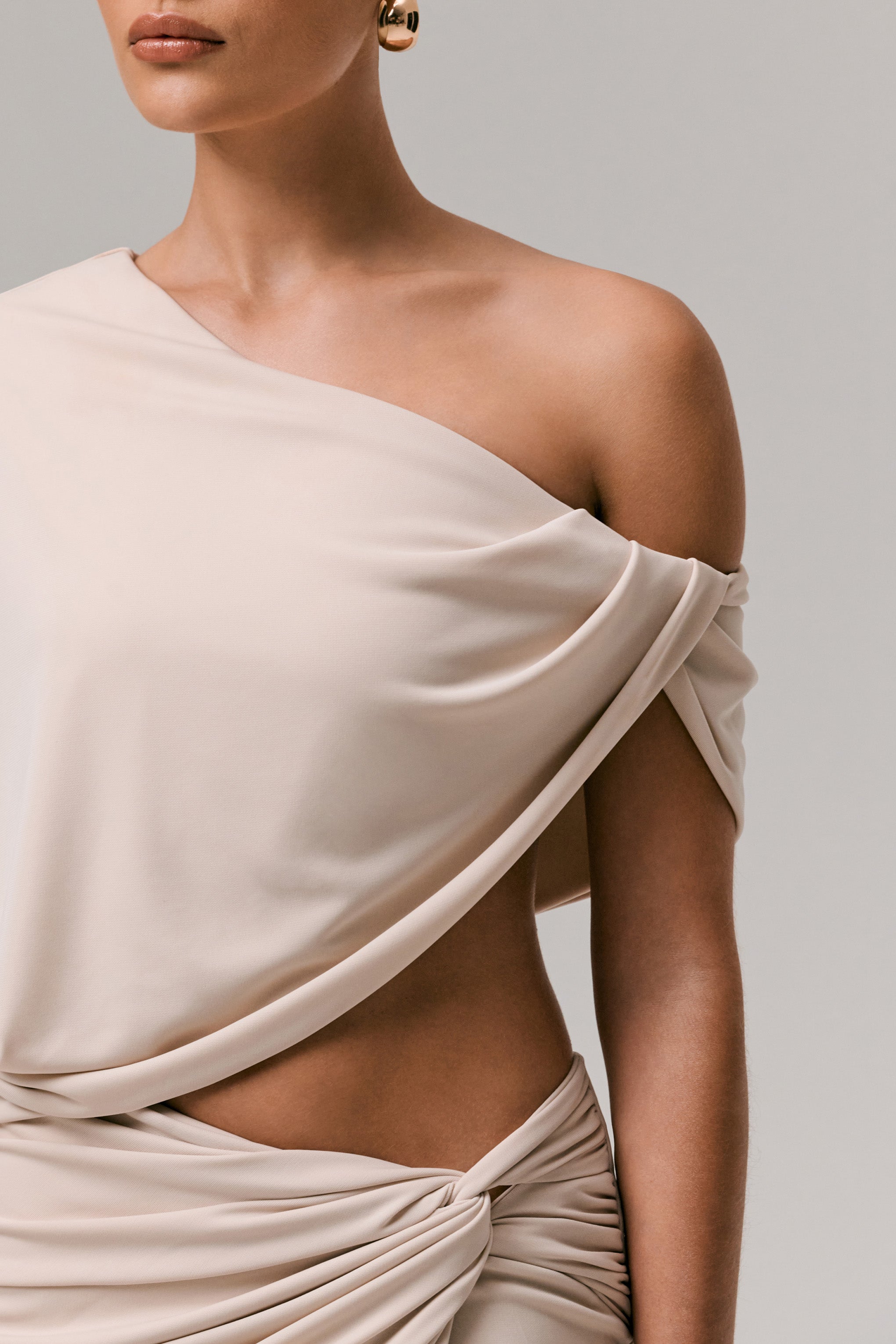 Stone Asymmetric One-Sleeve Draped Top