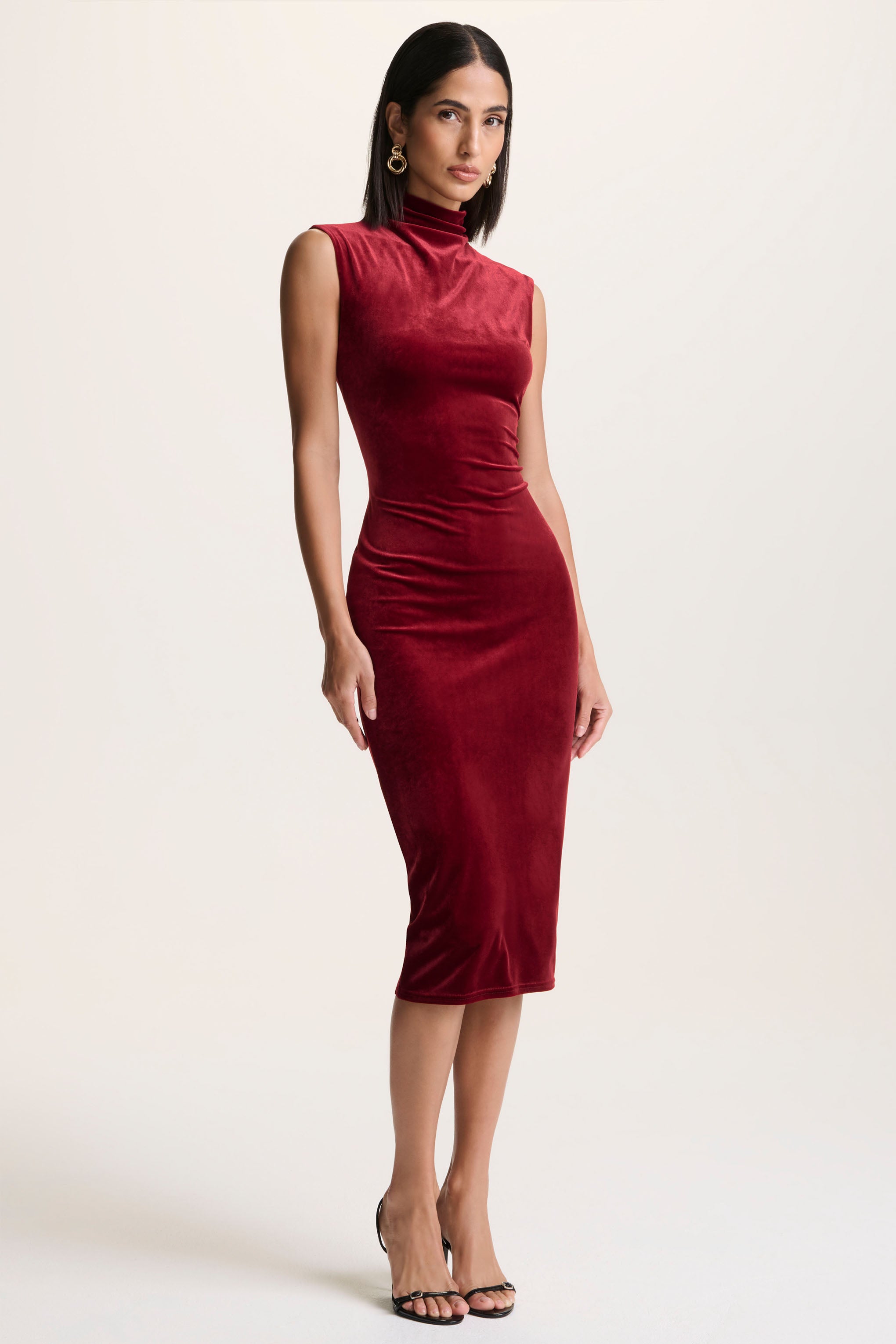 Burgundy Velvet High-Neck Midi Dress With Cap-Sleeves