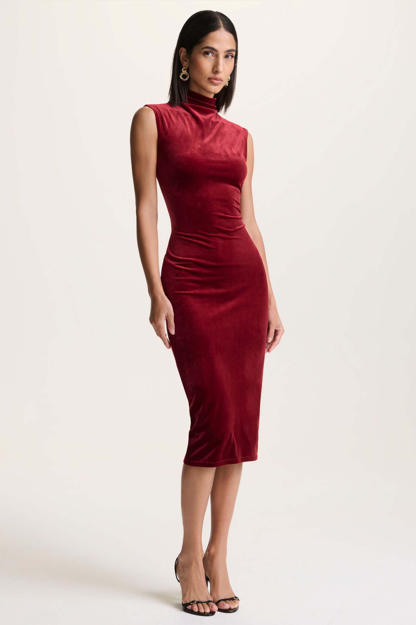Burgundy Velvet High-Neck Midi Dress With Cap-Sleeves