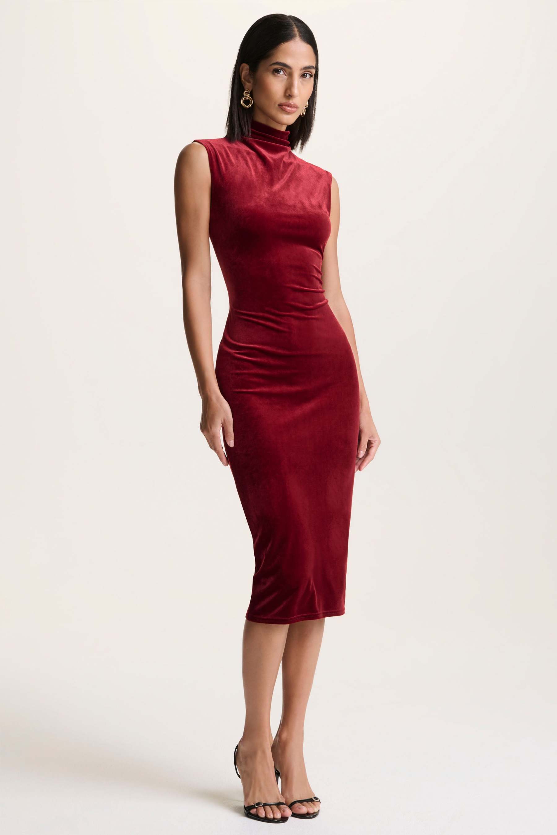 Burgundy Velvet High-Neck Midi Dress With Cap-Sleeves