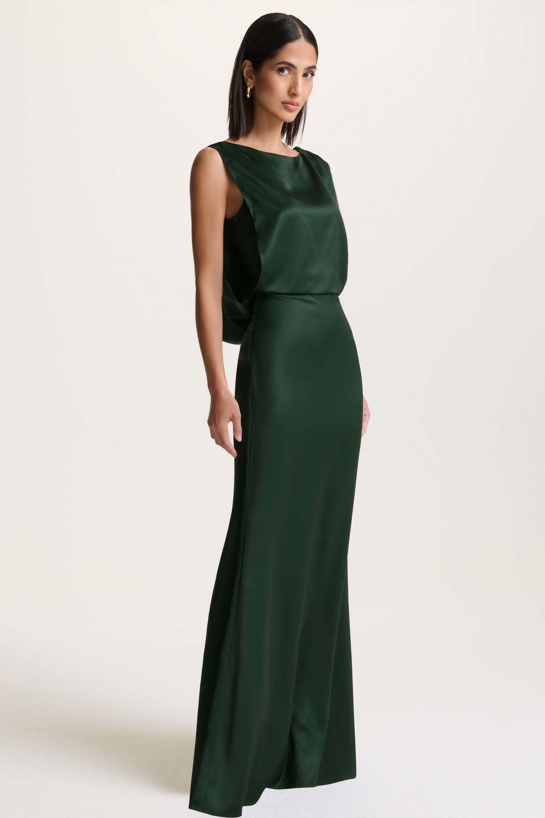 Dark Green Slashed-Neck Maxi Dress With Open-Back And Embellished Detail