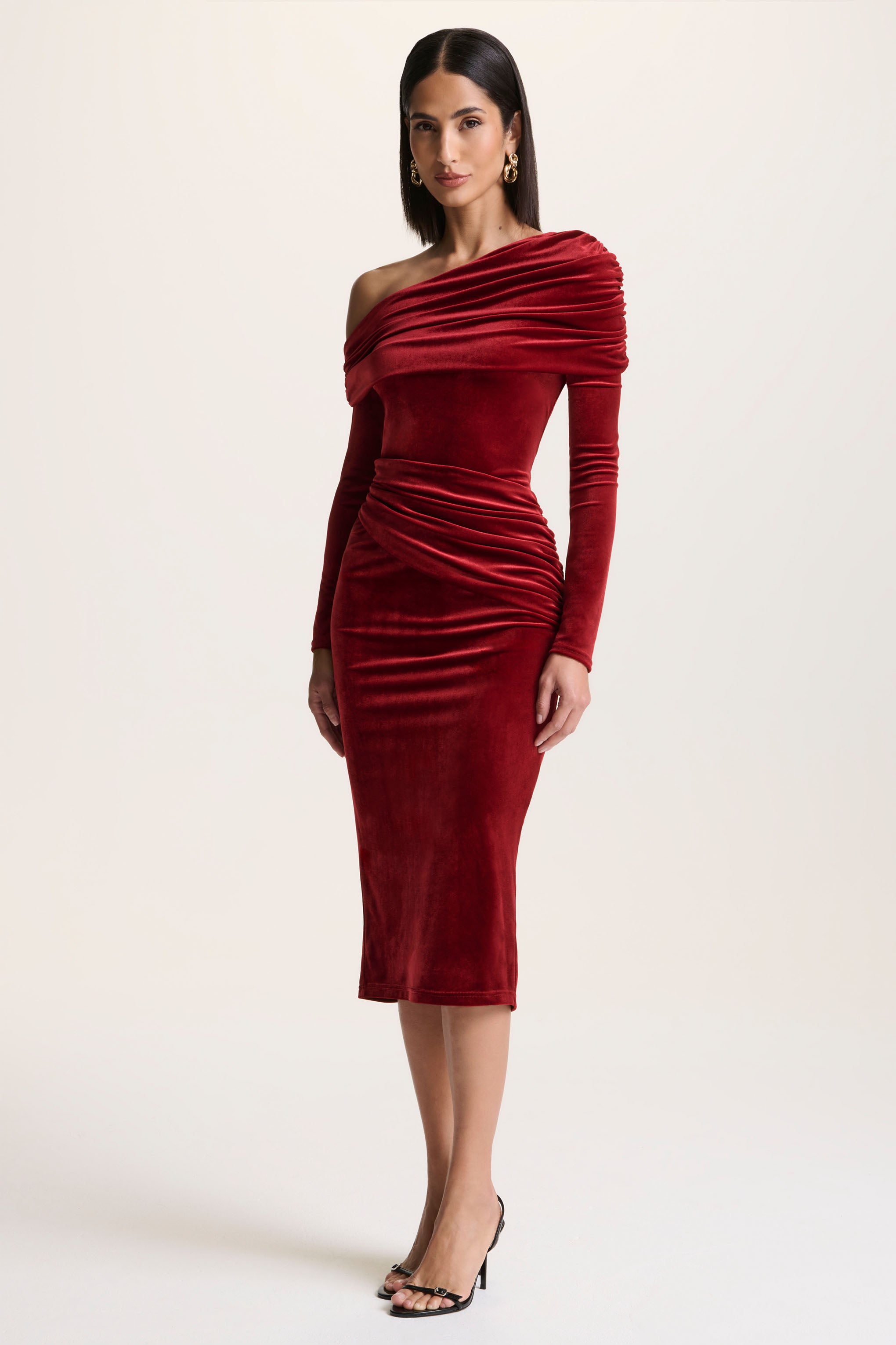 Berry Velvet Asymmetric-Neck Midi Dress