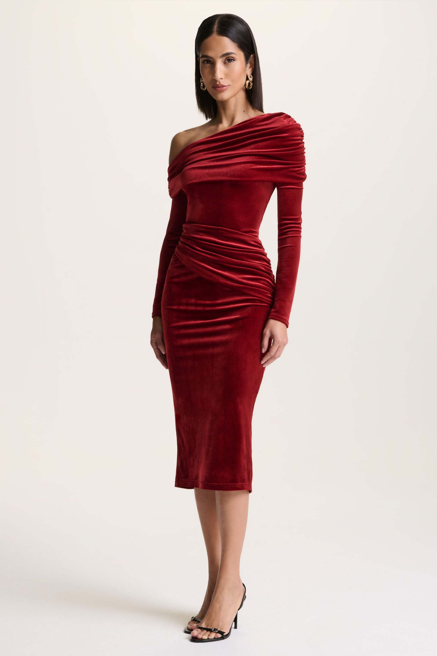 Berry Velvet Asymmetric-Neck Midi Dress