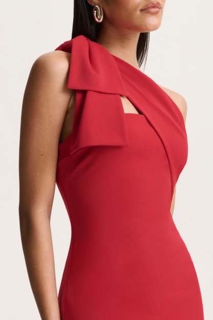 Red Asymmetric-Neck Maxi Dress With Bow-Detail