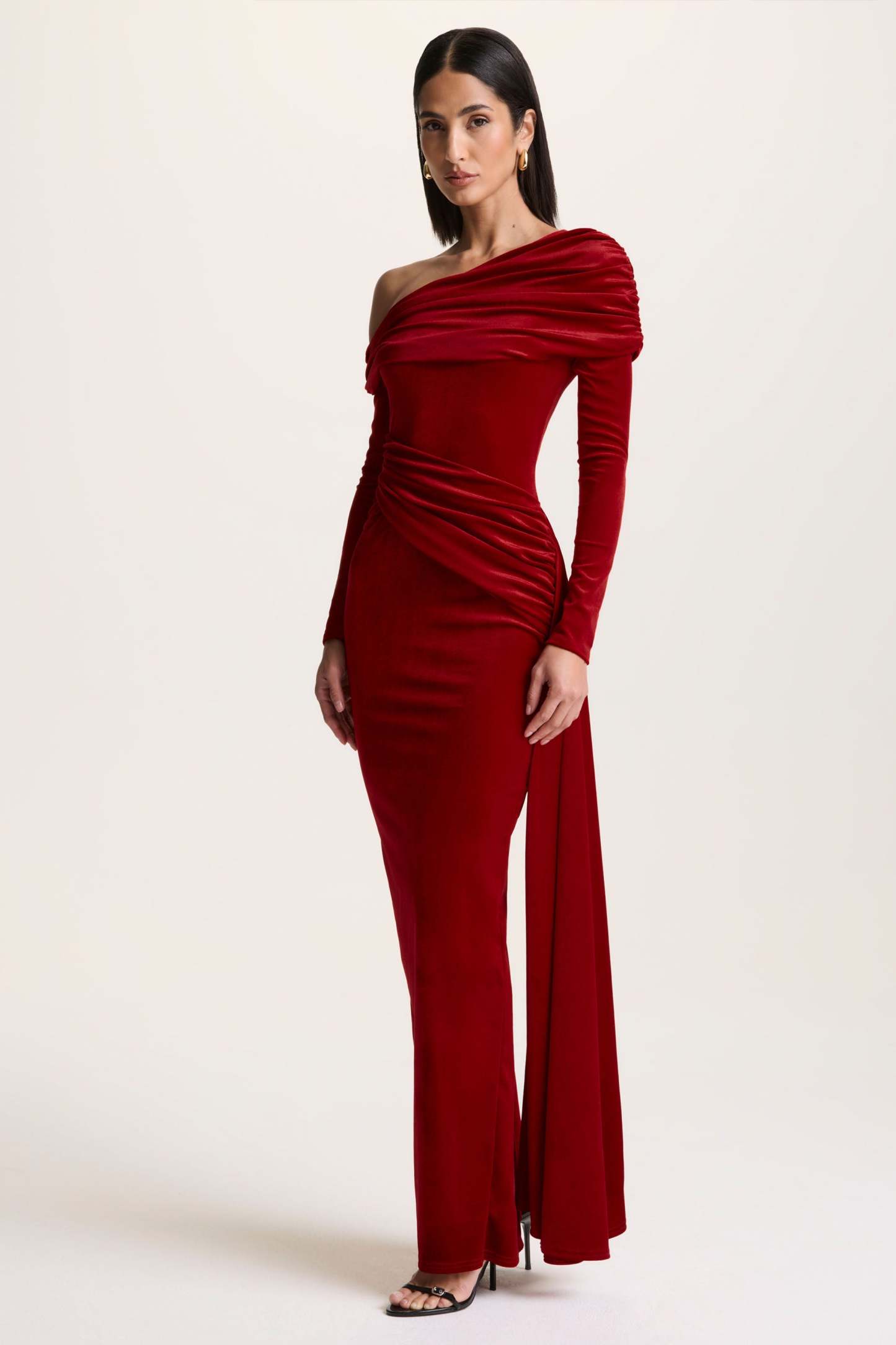 Red Velvet Asymmetric-Neck Maxi Dress With Sash-Detail