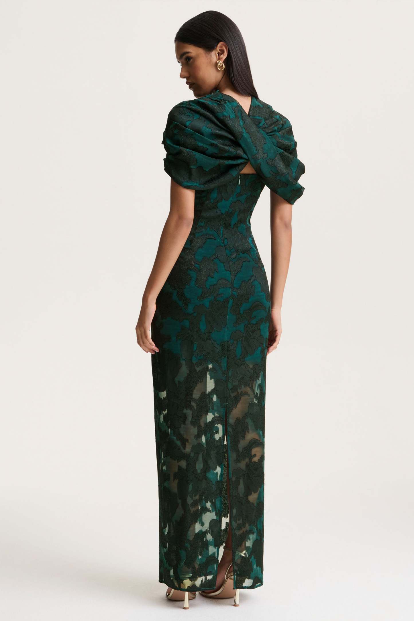 Dark Green Satin Devore Square-Neck Maxi Dress With Removable Twisted-Cape