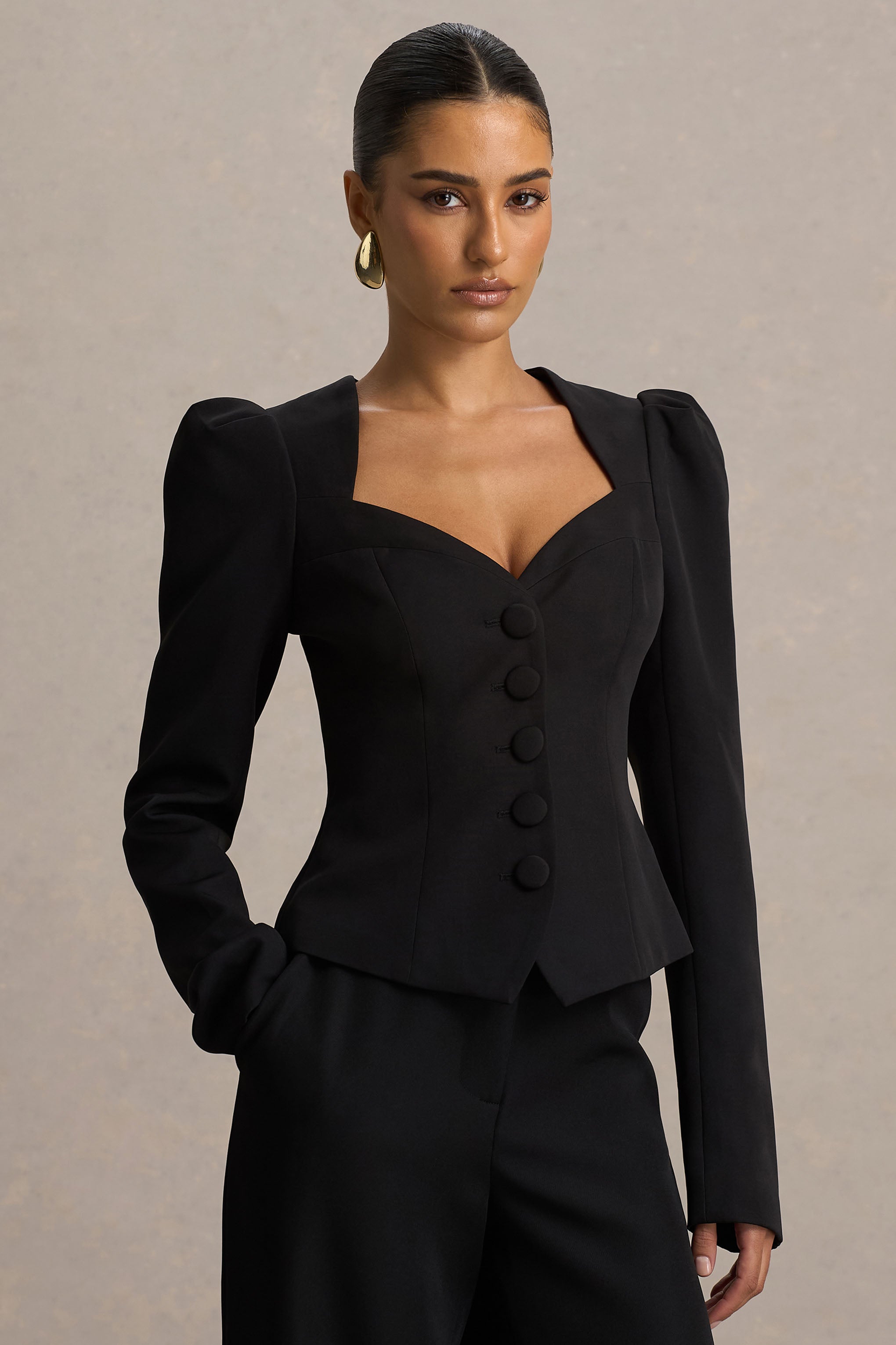 Black Sweetheart-Neck Tailored Top
