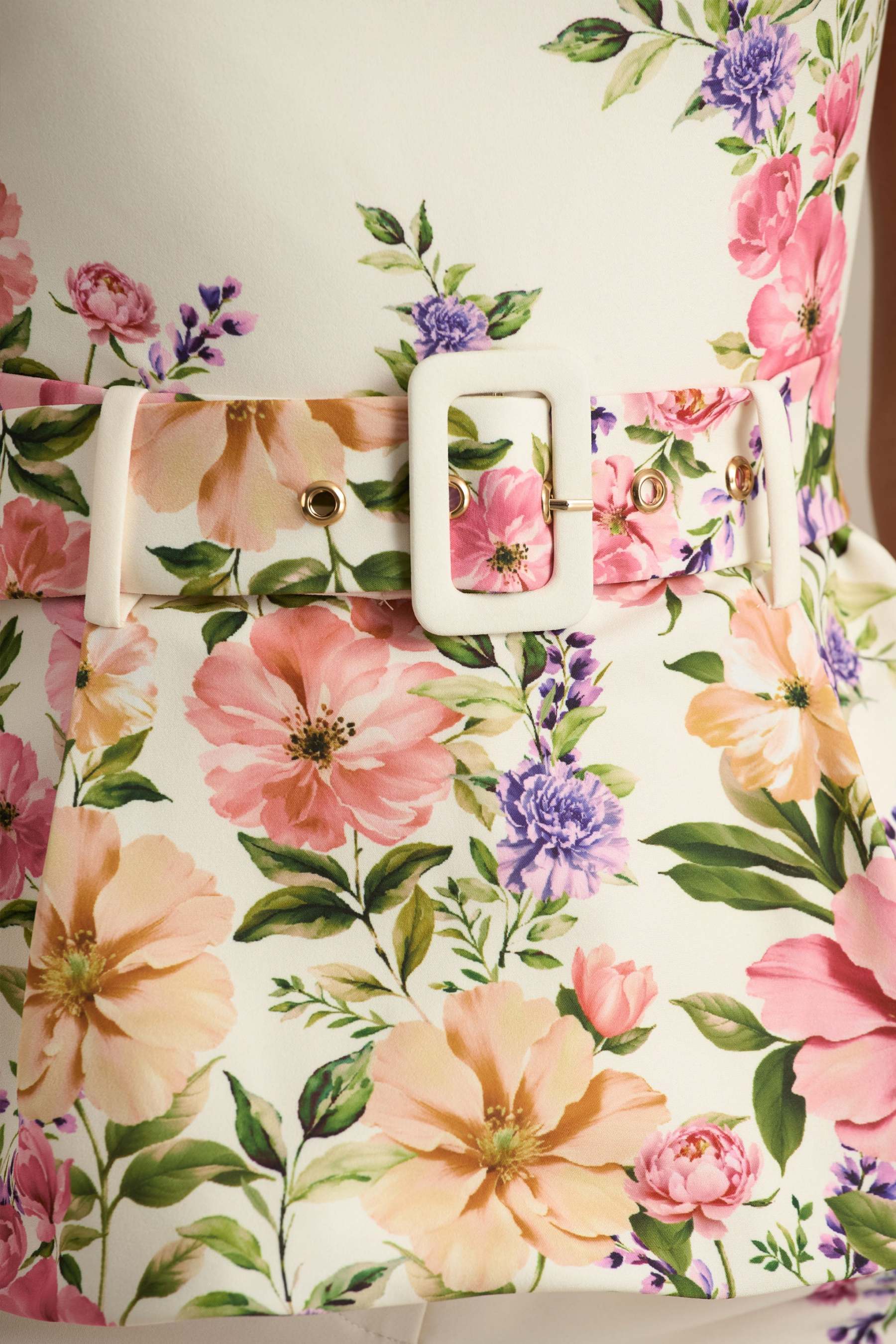 White Floral Border Print Square-Neck Tailored Top