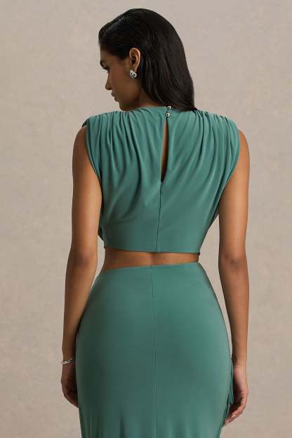 Green Crew-Neck Crop-Top With Ruched Detailing