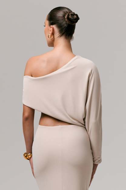 Stone Asymmetric One-Sleeve Draped Top